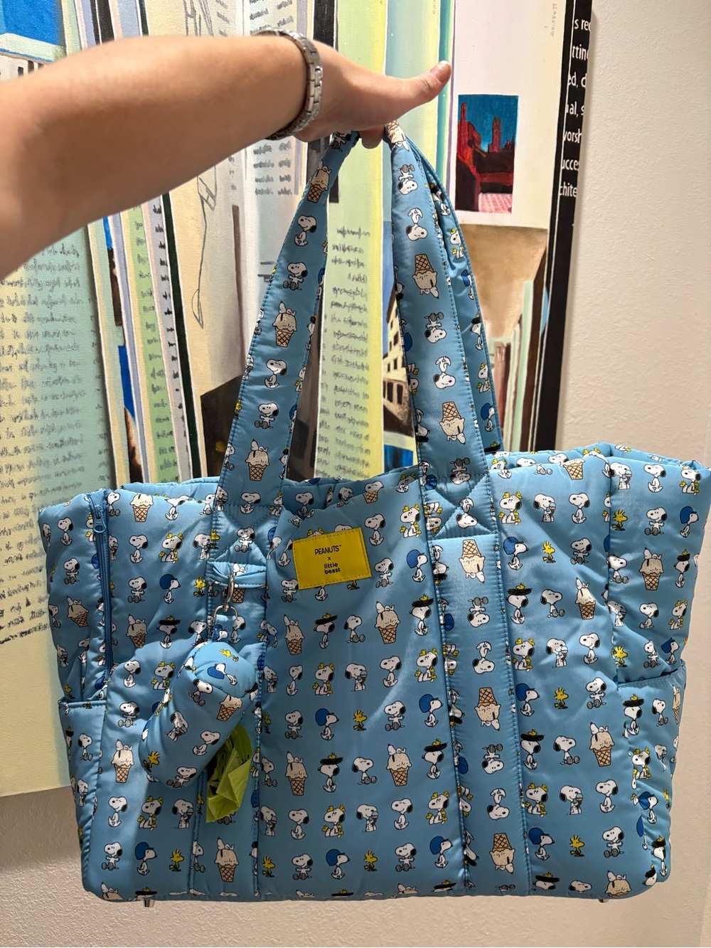 Peanuts Blue Quilted Tote with Snoopy & Woodstock Print